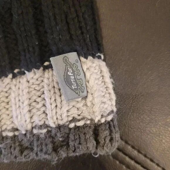 Turtle Fur Beanie Adult Knit Winter Cap with Pom Fleece Lined Black Striped - Picture 3 of 6